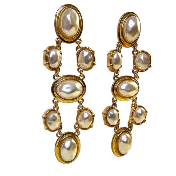Chicos Gold‎ Tone Faux Baroque Pearl Chandelier Statement Earrings - Picture 3 of 7